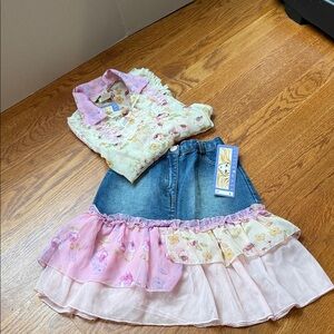 LITTLE MASS ~ Floral ruffle Jean Skirt with matching bell sleeve blouse NWT SZ 5